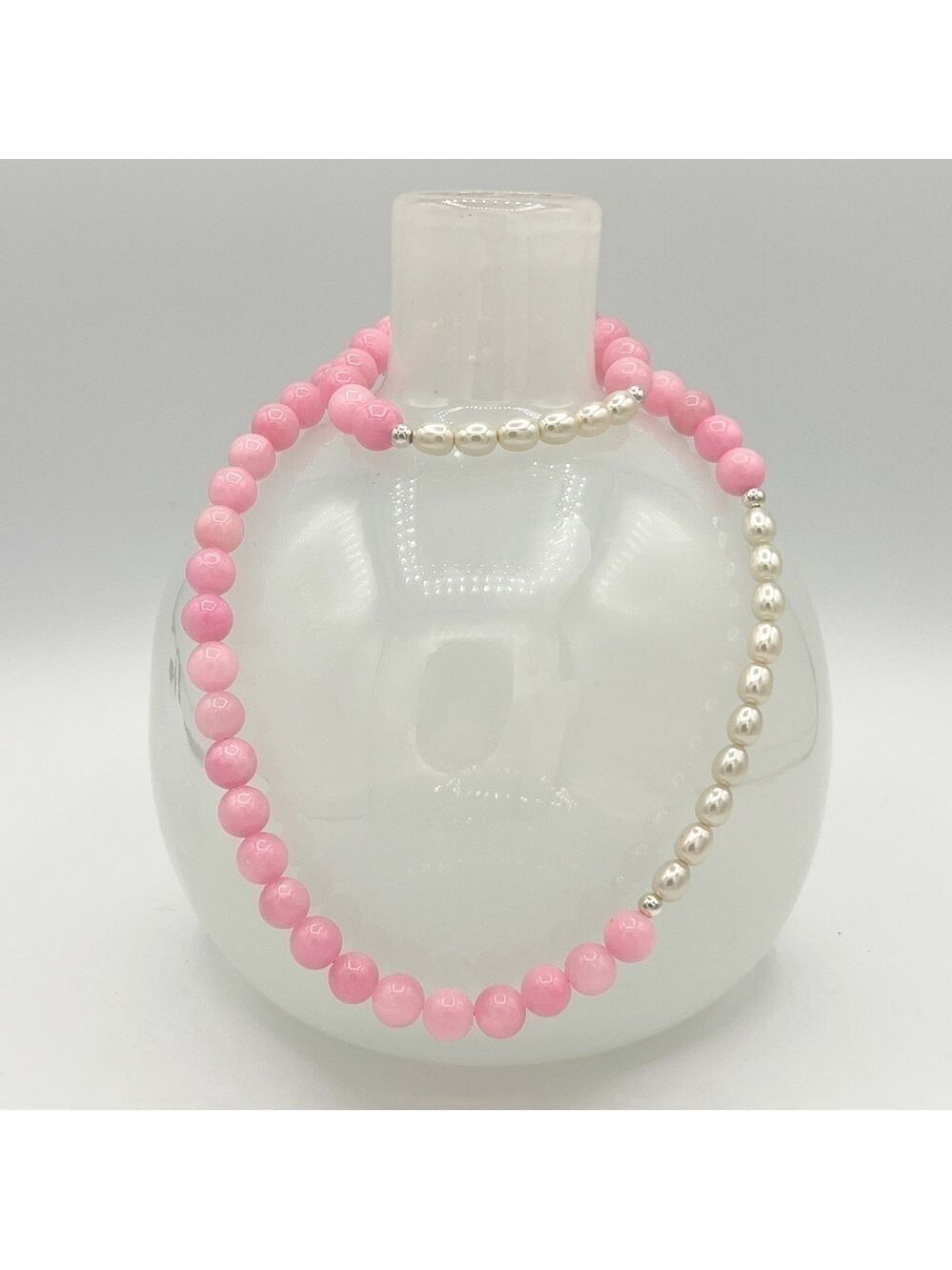 Light orchid natural jade and fresh water pearl choker and bracelet set - Picture 4 of 7